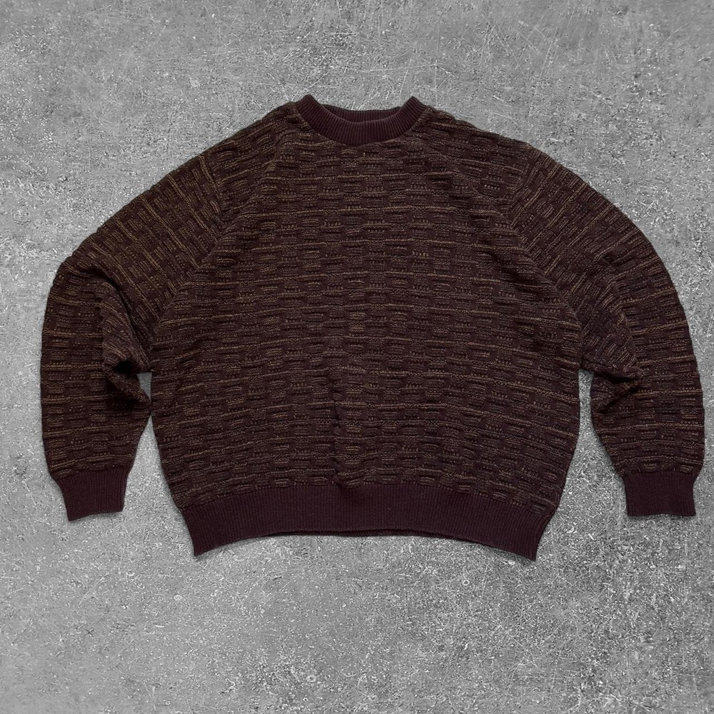 Haggar Mens XL Sweater Burgundy Brown Textured Knit Crewneck Made in USA Vintage